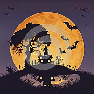 A hill on the dark night, a haunted house and flying bats, computer illustration.