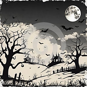 A hill on the dark night, a haunted house and flying bats, computer illustration.