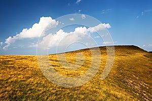 Hill with dry yellow grass and blue sky