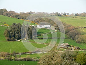 Hill farm, with lush meadows, pine trees and a winding approach road.