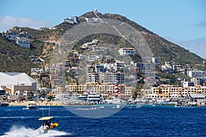 The hill with luxury waterfront homes and resort hotels by the bay of Cabo San Lucas, Mexico