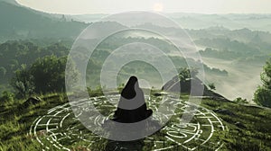 On a hill overlooking a vast landscape a cloaked figure sits in deep meditation. Surrounding them are elaborate arrays photo