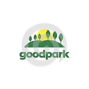 Hill park green with trees and sunset logo design