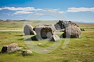 hill pasture adorned with large boulders against the backdrop of a clear blue sky.