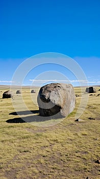 hill pasture adorned with large boulders against the backdrop of a clear blue sky.