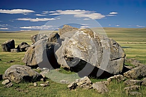 hill pasture adorned with large boulders against the backdrop of a clear blue sky.
