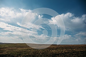 Hill and plain landscape, field of spring grass and dramatic blue sky with fluffy clouds, tranquility concept