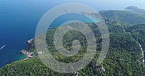 Hill Seaside Landscape Ocean Water Aerial View. Rocky Isle Scenery Road Go through Greenery Wood