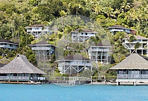 Hill slope by the sea and lodges on slope. Polynesia.