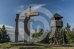 On hill Stratenec with crosses and observation tower