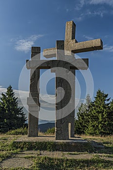 On hill Stratenec with crosses and observation tower