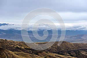 Hill top with misty mountain landscape in Georgia