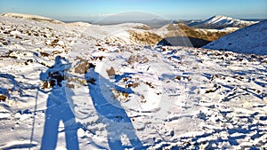 Hill Walkers in Winter Snow in England