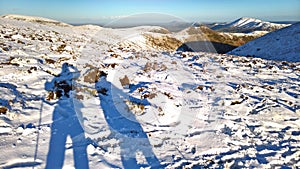 Hill Walkers in Winter Snow in England photo