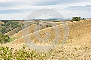 Hills covered with yellow grass under rainy clouds