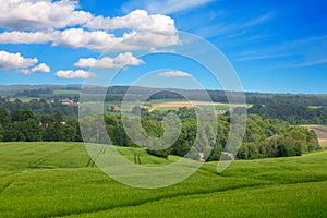 Hills with field and trees and blue sky