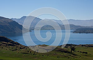 Hills and the Lake Wanaka as seen from the Roy's Peak track in New Zealand