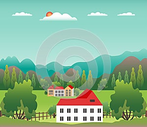 Hills landscape in flat style design. Valley background. Beautiful green fields, meadow, mountains and blue sky. Rural location in