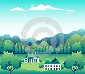 Hills landscape in flat style design. Valley background. Beautiful green fields, meadow, mountains and blue sky. Rural location in