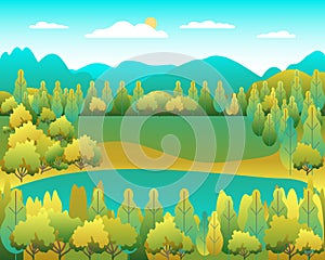 Hills landscape in flat style design. Valley with lake background. Beautiful green fields, meadow, mountains and blue sky. Rural