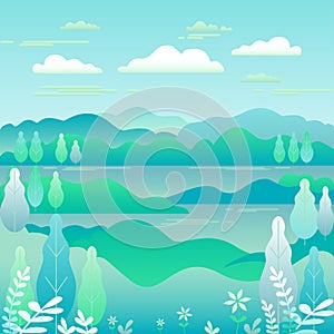 Hills landscape in flat style design. Valley with lake background. Beautiful green fields, meadow, mountains and blue sky. Rural