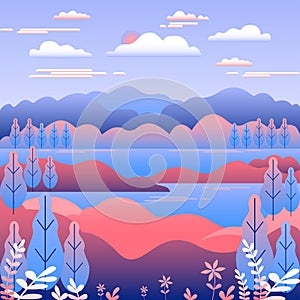 Hills landscape in flat style design. Valley with lake river background. Beautiful fields, meadow, mountains and sky. Rural