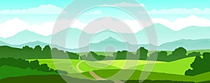 Hills mountain horizon. Vector illustration. The road, the village. Rural countryside. Blue sky with white clouds. View of the pla