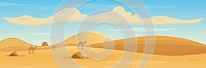 Hills, mountains and camels silhouettes against desert landscape background. In cartoon style. Vector illustration