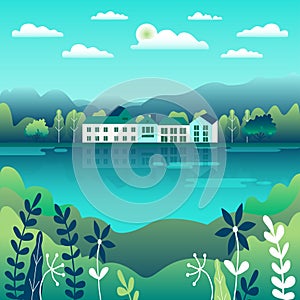 Hills and mountains landscape in flat style design. Valley background. Beautiful green fields, meadow, and blue sky. Rural