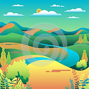 Hills and mountains landscape in flat style design. Valley background. Beautiful green fields, meadow, and blue sky. Rural