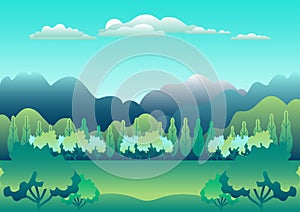 Hills and mountains landscape in flat style design. Valley background. Beautiful green fields, meadow, and blue sky. Rural