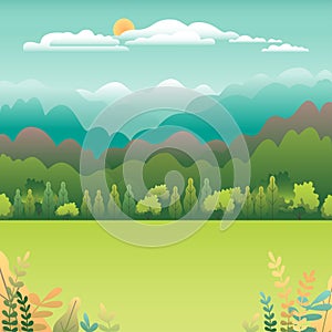 Hills and mountains landscape in flat style design. Valley background. Beautiful green fields, meadow, and blue sky. Rural