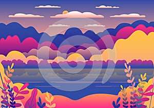 Hills and mountains landscape in flat style design. Valley with blue lake illustration. Beautiful yellow fields, meadow and sky.