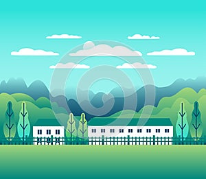 Hills and mountains landscape with house farm in flat style design. Forest in valley illustration. Beautiful green fields, meadow