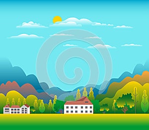 Hills and mountains landscape with house farm in flat style design. Forest in valley illustration. Beautiful green fields, meadow