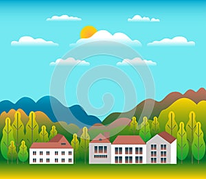 Hills and mountains landscape with house farm in flat style design. Forest in valley illustration. Beautiful green fields, meadow