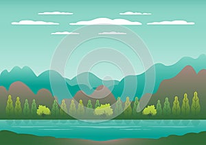 Hills and mountains landscape with house farm in flat style design. Forest in valley illustration. Beautiful green fields, meadow