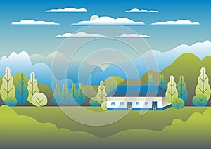 Hills and mountains landscape, house farm in flat style design. Outdoor panorama countryside illustration. Green field, bush, tree