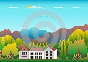 Hills and mountains landscape, house farm in flat style design. Outdoor panorama countryside illustration. Green field, tree,