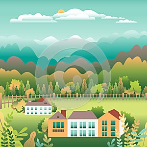 Hills and mountains landscape, house farm in flat style design. Outdoor panorama countryside illustration. Green field, tree,
