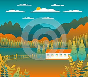 Hills and mountains landscape, house farm in flat style design. Outdoor panorama countryside illustration. Green field, tree,