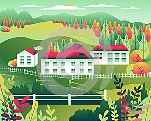 Hills and mountains landscape, house farm in flat style design. Outdoor panorama countryside illustration. Green field, tree,