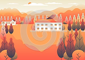 Hills and mountains landscape, house farm in flat style design. Outdoor panorama countryside illustration. Mountains, field, bush