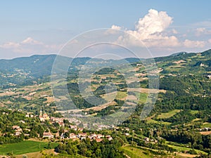 The hills of OltrepÃÂ² Pavese; the small village of Caminata in the foreground photo