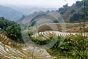 Hills on rice terraces flooded in the winter