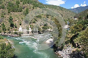 hills and river between paro and thimphu (bhutan)