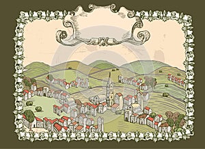 Hills and town vintage ticket