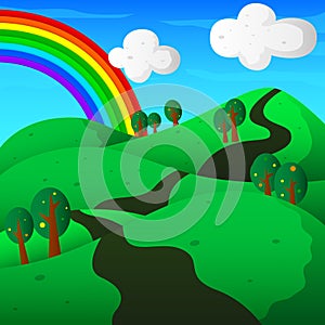 Hills with trees and rainbow landscape