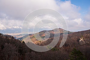 Hills with trees which have fallen leaves in autumn with beautiful sky, Slovakia zilina, sulovske rocks