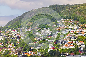 A hillside of homes and businesses that make up the Norwegian city of Bergen